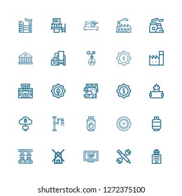 Editable 25 factory icons for web and mobile. Set of factory included icons line Building, Configuration, Ecological, Mill, Robot arm, Gas, Gear, Industrial robot on white background
