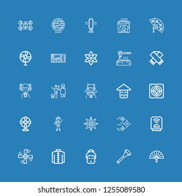 Editable 25 fan icons for web and mobile. Set of fan included icons line Fan, Vuvuzela, Geisha, Kimono, Engine propeller, Heater, Shuriken, Chinese, Extractor on blue background