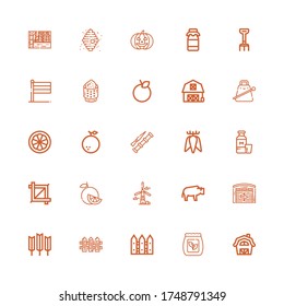 Editable 25 farm icons for web and mobile. Set of farm included icons line Barn, Seed bag, Fence, Wheat, Hangar, Bison, Windmill, Orange, Crop, Milk, Tuber on white background