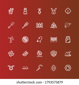 Editable 25 iconos de granja para web y móvil. Conjunto de fincas incluidas línea de iconos Huevo frito, colmena, níquel, huevos, tauro, pollo asado, venado, arena, semillas, molino de viento, leche, valla sobre rojo