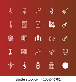 Editable 25 farming icons for web and mobile. Set of farming included icons line Shovel, Milk, Scarecrow, Cow, Farm, Rake, Barn, Wheat, Crop, Field, Pitchfork, Butternut squash on red