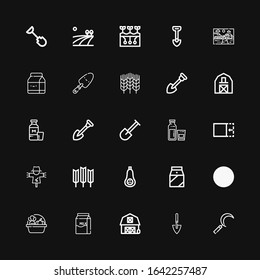 Editable 25 farming icons for web and mobile. Set of farming included icons line Sickle, Shovel, Barn, Milk, Harvest, Butternut squash, Wheat, Scarecrow, Crop on black background