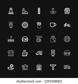 Editable 25 fast icons for web and mobile. Set of fast included icons line Delivery, Sausage, Warehouse, Chips, Burger, Ketchup, Ambulance, Coffee cup, Mushroom on black background
