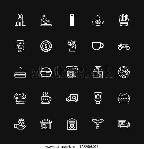 Editable 25 fast\
icons for web and mobile. Set of fast included icons line Delivery,\
Sausage, Warehouse, Chips, Burger, Ketchup, Ambulance, Coffee cup,\
Mushroom on black\
background