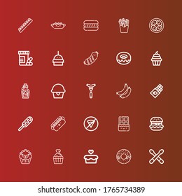 Editable 25 fat icons for web and mobile. Set of fat included icons line Drumsticks, Donut, Cupcake, Hamburguer, Chocolate, No fast food, Hot dog, Sausages, Sausage, Burger on red