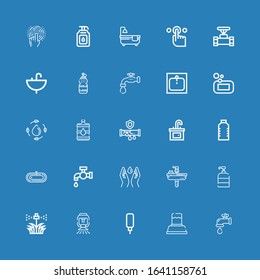 Editable 25 faucet icons for web and mobile. Set of faucet included icons line Water tap, Water, Water dispenser, Sprinkler, Soap, Sink, Save Tap, Bath on blue background