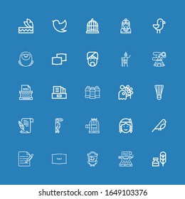 Editable 25 feather icons for web and mobile. Set of feather included icons line Writing tool, Typewriter, Parrot, Pillow, Write, Bird, Native american, Bird cage on blue background
