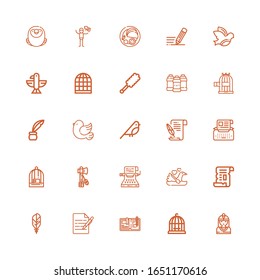 Editable 25 feather icons for web and mobile. Set of feather included icons line Native american, Bird cage, Write, Feather, Papyrus, Swan, Typewriter, Tomahawk on white background