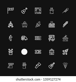 Editable 25 festival icons for web and mobile. Set of festival included icons line Confetti, Guitar, Lantern, Magic, Food stall, Ticket, Circus tent, Food stand on black background