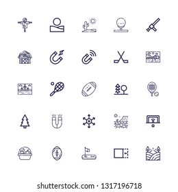 Editable 25 field icons for web and mobile. Set of field included icons line Field, Crop, Golf, Rugby ball, Harvest, Penalty, Desert, Positive ion, Magnet on white background