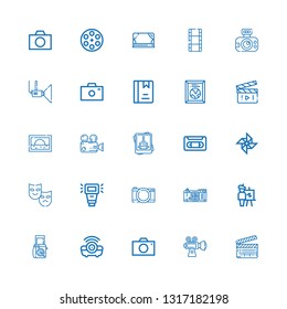 Editable 25 film icons for web and mobile. Set of film included icons line Clapperboard, Video, Camera, Projector, Photo camera, Easel, Camera flash, Theater on white background