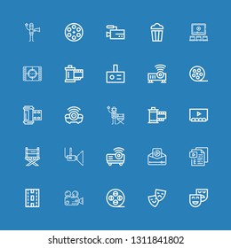 Editable 25 filmstrip icons for web and mobile. Set of filmstrip included icons line Theatre, Theater, Film reel, Video, Strip, Projector, Director chair, Film on blue background