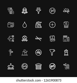 Editable 25 filter icons for web and mobile. Set of filter included icons line Smoker, No smoking, Garage, Water tank, French press, Funnel, Chimney, Photography on black background