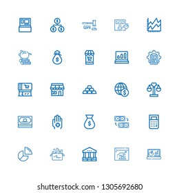 Editable 25 finance icons for web and mobile. Set of finance included icons line Chart, Analytics, Courthouse, Chalk, Pie chart, Calculator, Exchange, Money bag on white background