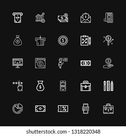 Editable 25 finance icons for web and mobile. Set of finance included icons line Briefcase, Online payment, Sale, Money, Pie chart, Web design, Payment method on black background