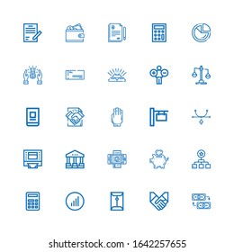Editable 25 finance icons for web and mobile. Set of finance included icons line Exchange, Handshake, Coin, Bars graphics, Calculator, Hierarchy, Piggy bank on white background