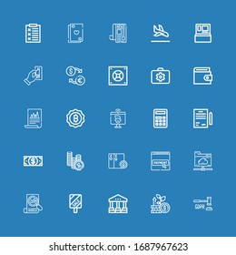 Bearbeitbar 25 Finanzierungssymbole für Web und Mobile. Set der Finanzierung inbegriffen Symbole Linie GDPR, Wachstum, Gerichtsgebäude, Verkauf, Statistiken, Cloud-Ordner, Zahlungsmethode, Karten auf blauem Hintergrund