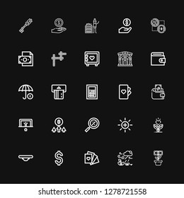 Editable 25 financial icons for web and mobile. Set of financial included icons line Growth, Cards, Dollar, Balance, Percentage, Bitcoin, Penalty, Wallet, Calculator on black background