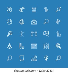 Editable 25 find icons for web and mobile. Set of find included icons line Search, Location, Maps, Glass, Metal detector, Position, Detective, Pins, Magnifying glass on blue background