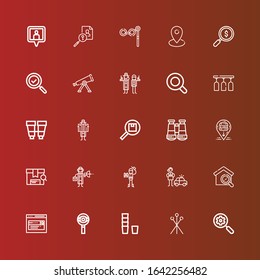 Editable 25 find icons for web and mobile. Set of find included icons line Search, Pins, Glass, Detective, Explorer, Location, Binoculars, Magnifying glass, Telescope, Location pin on red