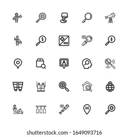 Editable 25 find icons for web and mobile. Set of find included icons line Search, Location, Telescope, Glass, Detective, Binoculars, Location pin, Localize on white background