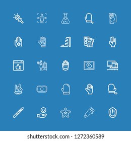 Editable 25 finger icons for web and mobile. Set of finger included icons line Mouse, Hand, Starfish, Nail file, Gloves, Glove, Stop, Maloik, Screens, Gauntlet on blue background