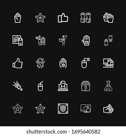 Iconos editables de 25 dedos para web y móvil. Conjunto de dedos incluidos línea de iconos Mano, pantalla táctil, escáner de huellas dactilares, pez estrella, prueba de sangre, guantes, puño, ratón sobre fondo negro