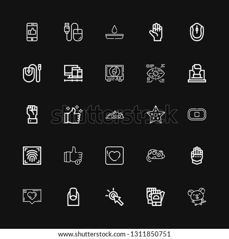 Editable 25 finger icons for web and mobile. Set of finger included icons line Mouse, Gloves, Cursor, Nails, Like, Gauntlet, Badoo, Fingerprint scan, Stop on black background