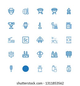 Editable 25 fire icons for web and mobile. Set of fire included icons line Gas, Thermos, Magic, Tent, BBQ grill, Grill, Candle, Mining, Candles, Oil, Camping on white background