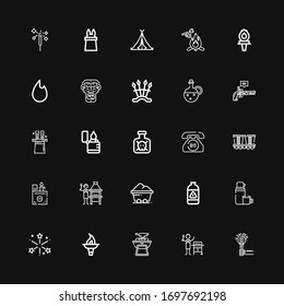 Editable 25 fire icons for web and mobile. Set of fire included icons line Torch, Gas, Bbq, Fireworks, Thermo, Coal, Brick grill, Lighter, Mine, Emergency call on black background