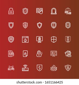Editable 25 firewall icons for web and mobile. Set of firewall included icons line Shield, Firewall, Protection, Modem, Router, Lock, Malware, Locked, Security on red
