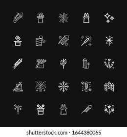 Editable 25 firework icons for web and mobile. Set of firework included icons line Firework, Fireworks, Magic, Celebration, Sparkler, Sparkle, Petard, Shines on black background
