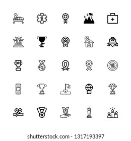 Editable 25 first icons for web and mobile. Set of first included icons line Win, Trophy, Medal, Ribbon, Prize, Podium, Championship, Plaster, Oyster omelette on white background
