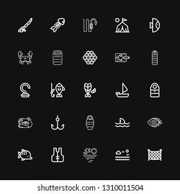 Editable 25 fishing icons for web and mobile. Set of fishing included icons line Fishing net, Sea, Lifejacket, Fish, Shark, Sleeping bag, Hook, Sailing boat on black background