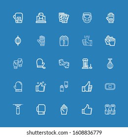 Editable 25 fist icons for web and mobile. Set of fist included icons line Hand grip, Thumb up, Gloves, Boxing gloves, Punching bag, Stop, Thumbs up, Glove on blue background