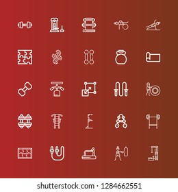 Editable 25 fit icons for web and mobile. Set of fit included icons line Gym station, Fitness, Treadmill, Skip rope, Puzzle, Bench press, Barbell, Dumbbell, Jumping rope on red