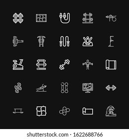 Editable 25 fit icons for web and mobile. Set of fit included icons line Skimboard, Yoga mat, Dumbbell, Puzzle, Exercise, Lifestyle, Fitness, Barbell, Stationary bike on black background