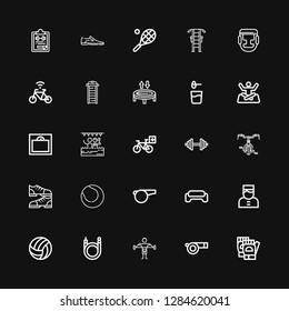 Editable 25 fitness icons for web and mobile. Set of fitness included icons line Gloves, Whistle, Fitness, Bicycle, Volleyball, Bellboy, Gym, Tennis, Shoes on black background