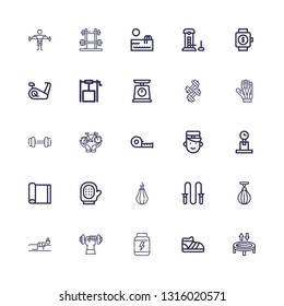 Editable 25 fitness icons for web and mobile. Set of fitness included icons line Trampoline, Shoe, Proteins, Dumbbell, Fitness, Boxing bag, Jumping rope, Punching ball on white background