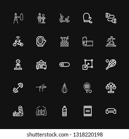 Editable 25 fitness icons for web and mobile. Set of fitness included icons line Gym, Powder, Water bottle, Abs, Arm, Balance, Tennis, Punching ball, Yoga on black background