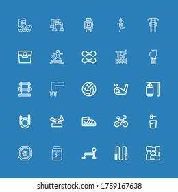 Editable 25 fitness icons for web and mobile. Set of fitness included icons line Arms, Jumping rope, Bench press, Proteins, Weight, Powder, Bicycle, Shoe, Scale on blue background