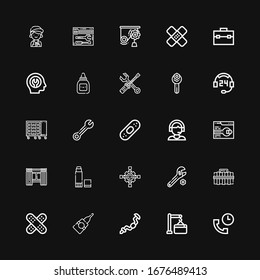 Editable 25 fix icons for web and mobile. Set of fix included icons line Support, Maintenance, Ratchet, Glue, Plaster, Toolbox, Wrench, Cross wrench, Windows on black background