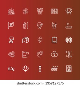 Editable 25 flag icons for web and mobile. Set of flag included icons line Pirate, Parade, Big ben, Maple leaf, Fireworks, Balloons, Gps, Flag, Thai, Dc, Street map, Position on red