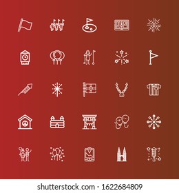Editable 25 flag icons for web and mobile. Set of flag included icons line Fireworks, Petronas, Gps, Balloon, Balloons, Torii, Castle, Peace, Referee, Pendant, Flag, Golfer on red