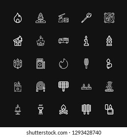 Editable 25 flame icons for web and mobile. Set of flame included icons line Lighter, Grill, Bonfire, Bbq, Candle, Candles, Water hose, Torch, BBQ grill, Tinder on black background