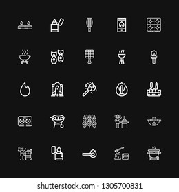 Editable 25 flame icons for web and mobile. Set of flame included icons line Grill, Firewood, Match, Lighter, Burner, Bbq, Stove, Candle, Fire, Matches, Rocket ship on black background