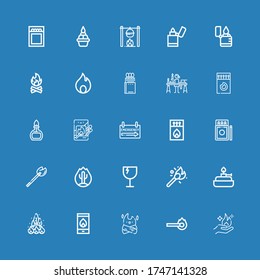 Editable 25 flammable icons for web and mobile. Set of flammable included icons line Fire, Match, Bonfire, Burner, Matches, Fragile, Emergency sign, Candle making on blue background