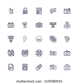 Editable 25 flash icons for web and mobile. Set of flash included icons line Photo camera, Camera, Usb, Hard disk, Image, Spotlight, Selfie, Photo, Shocked on white background