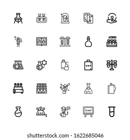 Editable 25 flask icons for web and mobile. Set of flask included icons line Test tube, Formula, Scientist, Science, Flask, Hip Blood test, Tube, Thermos on white background