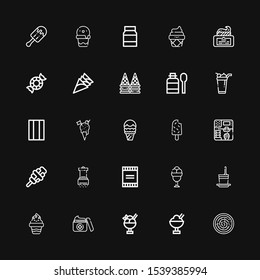 Editable 25 flavor icons for web and mobile. Set of flavor included icons line Hummus, Ice cream, Cream, Frozen yogurt, Powder, Salt, Popsicle, Chewing gum on black background